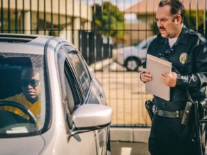 A driver sitting in a parked car examining a traffic ticket with a worried expression.